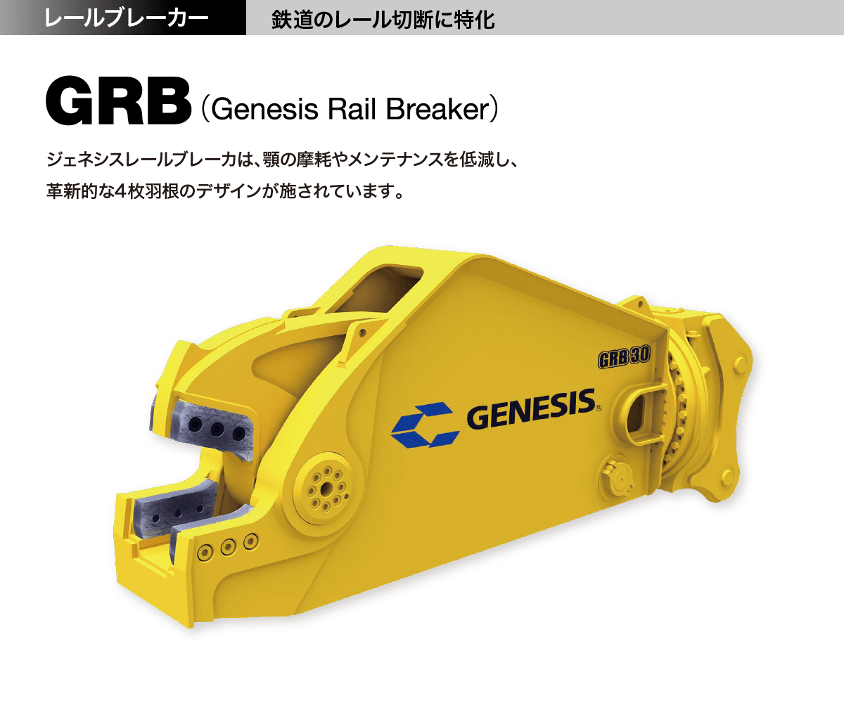 GRB（Genesis Rail Breaker）ジェネシスレールブレーカは、顎の摩擦やメンテナンスを低減し、革新的な4枚羽根のデザインが施されています。
